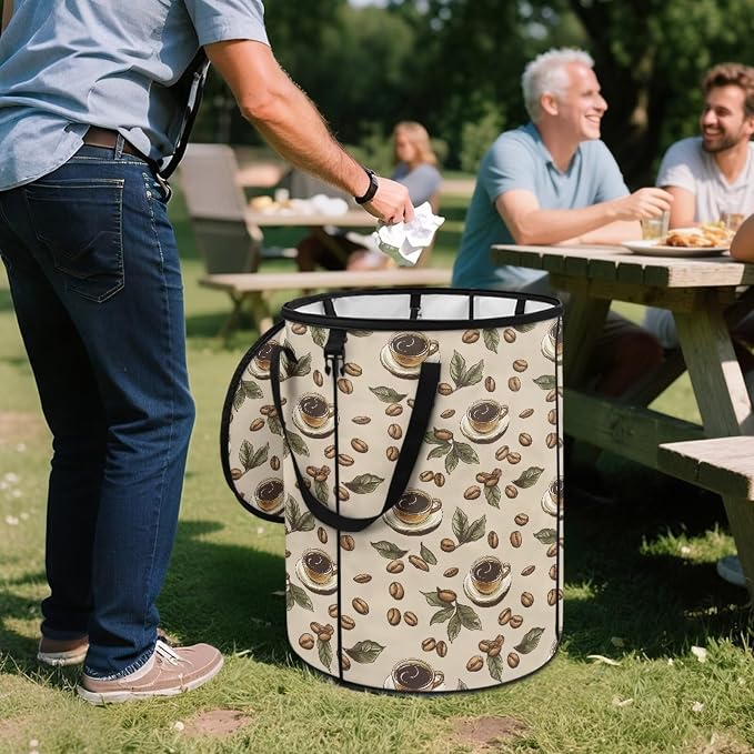 Coffee Cup Collapsible Garbage Can with Lid 24 Gallon Portable Pop Up Trash Can for Camping Waterproof Outdoor Trash Bin Large Capacity Recycling Bag for Car Laundry Parties