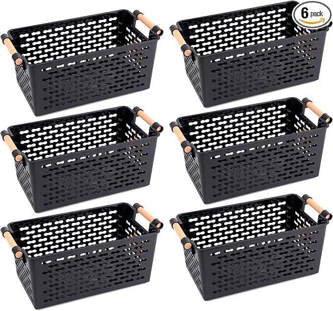 Yesland 6 Pack Plastic Storage Baskets with Handles, Black Organizer Bins 5"W x 10"L x 5"H for Kitchen Pantry Closet Bathroom Office