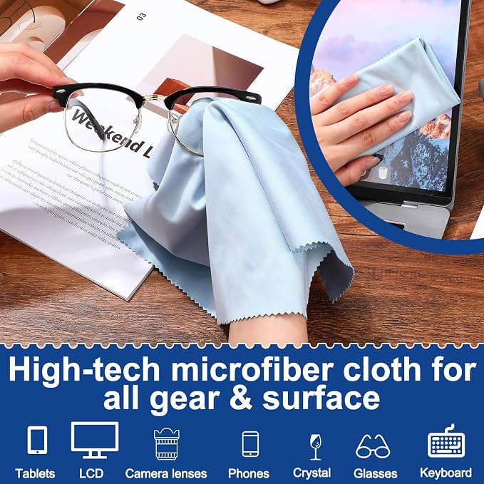 Frienda 12 Pack Microfiber Cleaning Cloth,Blue | 12x12 Inch Large for Eyeglasses Screen Lens, Reusable Washable, Streak-free Lint-free, Cameras Phones Tablets Monitors