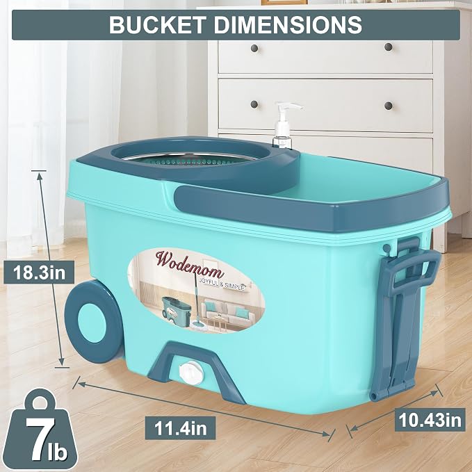 Traditional Large Spin Mop and Bucket, 2 Gal Capacity, Green | 2 Rolling Wheels, Pull Handle, 61-Inch Handle, 6 Mop Heads, Easy Wringing, For Family Homes, Hardwood, Laminate & Tile Floors