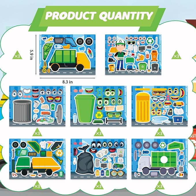 24 Sheets Garbage Truck Make a Face Sticker, Make Your Own Trash Truck Stickers Garbage Mix and Match Sticker for Home School Classroom Crafts Activities Reward Birthday Party Favors