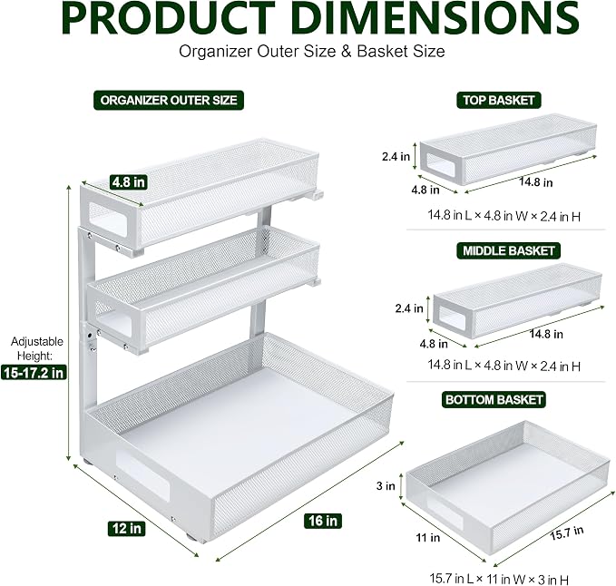 3 Tier Under Sink Organizer,2 Pack Pull Out Cabinet Shelves with Adjustable Height,Heavy Duty Carbon Steel L-Shaped Storage for Kitchen Bathroom Sink,Pantry & Laundry,White