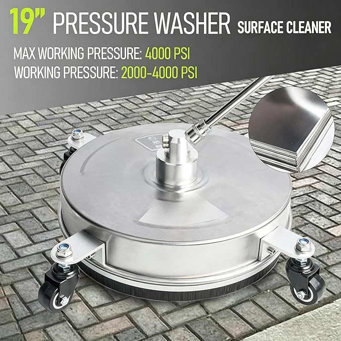 Hourleey 19" Pressure Washer Surface Cleaner, Stainless Steel Surface Cleaner with 4 Wheels for Concrete, Patio, Sidewalk, Deck, Pathway 1/4" Quick Connector, 2 Extension Wand, 4000 PSI