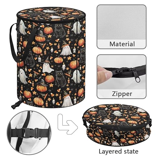 doginthehole Halloween Spooky Ghost Trash Can Outdoor Event Cute Black Cats Pumpkin Large Collapsible Trash Can with Lid Storage Bag Pop Up Trash Cans for Party Supplies, Halloween Decorations