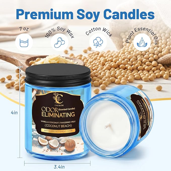 Coconut Odor Eliminating Candles, Pet Scented Candles for Home, Single Wick Soy Candle Gifts for Women, Men, Ideal for Creating Relaxing Atmosphere, Over 50 Hours of Burn Time (Pack of 2)