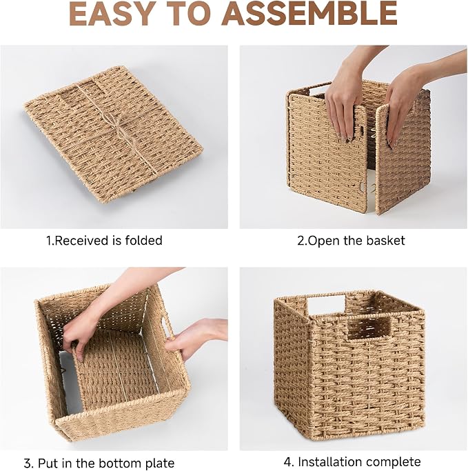StorageWorks 9 inch Wicker Baskets for Storage, Square Baskets, Natural | 2-Pack, Paper Rope Wicker Storage Cubes,Handwoven Square Cube Organizer Bins,Foldable,Baskets for Organizing,9x9 storage cube