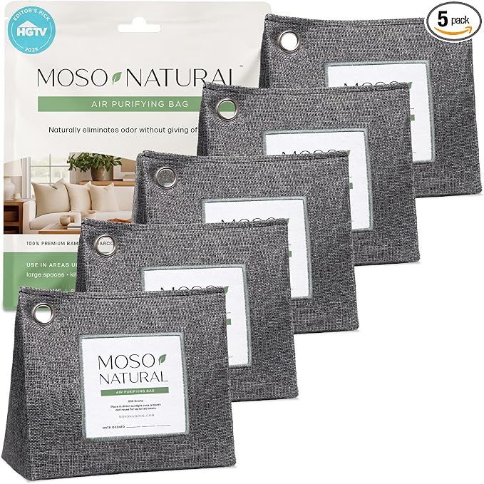 Moso Natural Air Purifying Bag 600g (5 Pack) Premium Charcoal Odor Absorber & Room Deodorizer for Large Spaces — Lasts 2 Years, Bedroom, Basement, Pet Odor Eliminator for Home, Bamboo Charcoal Bag