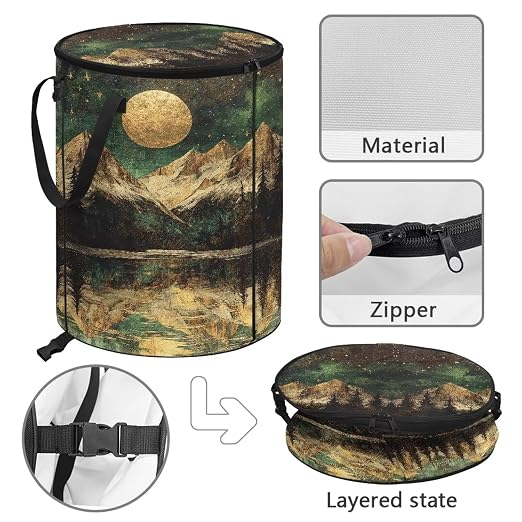 Landscape Moon Collapsible Trash Can with Lid Waterproof Bedroom Trash Can Decorative Portable Outdoor Waste Bin for Camping, Yard Waste, Picnic