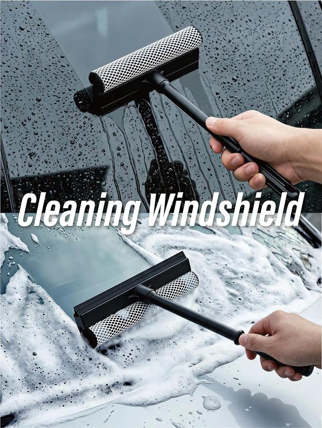 2 in1 Window Squeegee for Car, Window Cleaning Tool with 16inch Long Handle | for Gas Station, Glass,Shower,Outdoor High Window Cleaning