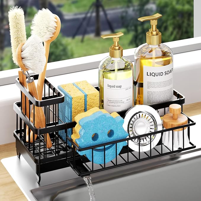 Consumest Sponge Holder for Kitchen Sink - Auto Draining Sink Caddy Organizer with Detachable Rack, High Brush Holder, Kitchen Countertop Storage Accessories, Black-Extra Large