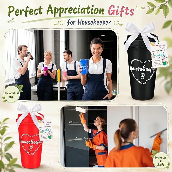 15 Sets Housekeeper Appreciation Gifts Plastic Cups with Lid Card | 10 Colors Portable Plastic Cups with Ribbon, Thank You Gifts for Housekeeping Week, Staff Coworker Team Events Supplies