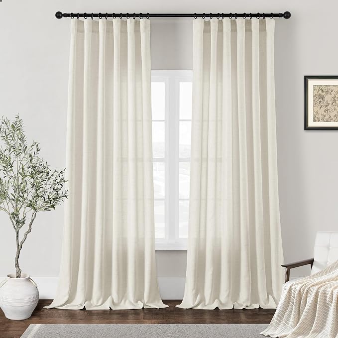 Natural Linen Curtains 92 Inches Long 2 Panels Cream Semi Sheer | Light Filtering Drapes, Hook Belt, Rod Pocket, for Living Room Bedroom, Window Curtain, Boho Neutral
