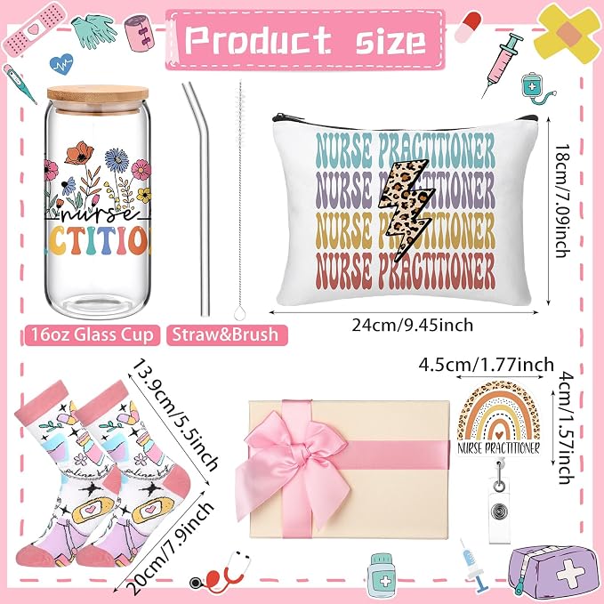 Skylety 5 Pcs Nurse Practitioner Week Gifts for Women Nurse Practitioner Appreciation Gift Glass Cup Sock Cosmetic Bag Badge Holder Thank You NP Gift Box for Nursing Students Graduation Birthday Gifts
