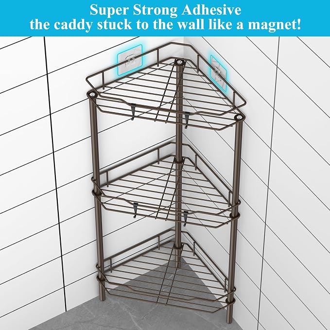 HuggieGems Metal Floor Standing Corner Shower Caddy, Bronze, 3 Tier | Adhesive Bathroom Organizer Shelves, Free Standing Shower Rack with Hooks, Hold Large Shampoo Bottles