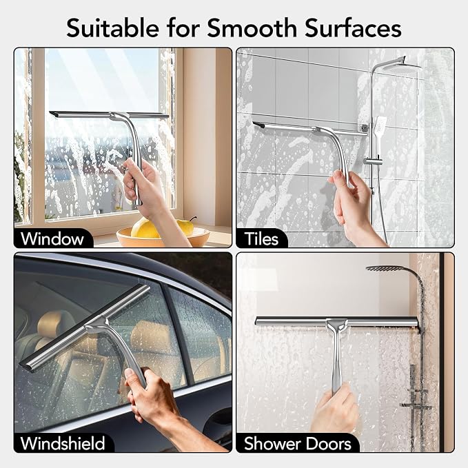 Shower Squeegee for Glass Doors, 10 Inch Stainless Steel Bathroom Squeegee with Hooks, Streak-Free Cleaner for Shower Doors, Windows, Mirrors, Tile Walls & Car Windshield