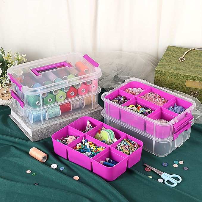 JUXYES 4-Tiers Plastic Stack Carry Storage Containers Box wih Handle Lids | Clear Stackable Latching Storage Bin With 2 Tray for School Office, Organizing Sewing, Art Craft, DIY Supplies, Purple