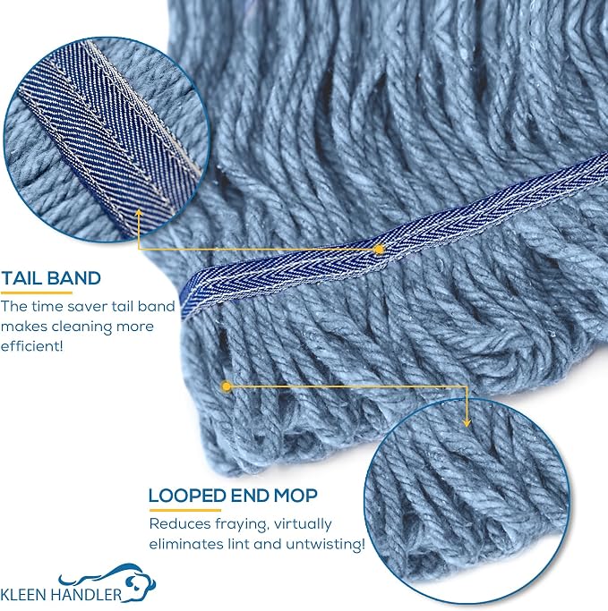 KLEEN HANDLER Heavy Duty Commercial Loop End Mop Head Replacement, 1 Pack | Wet Industrial Cotton Looped-End String Mop Head Refill with Universal Headband for General Floor Cleaning