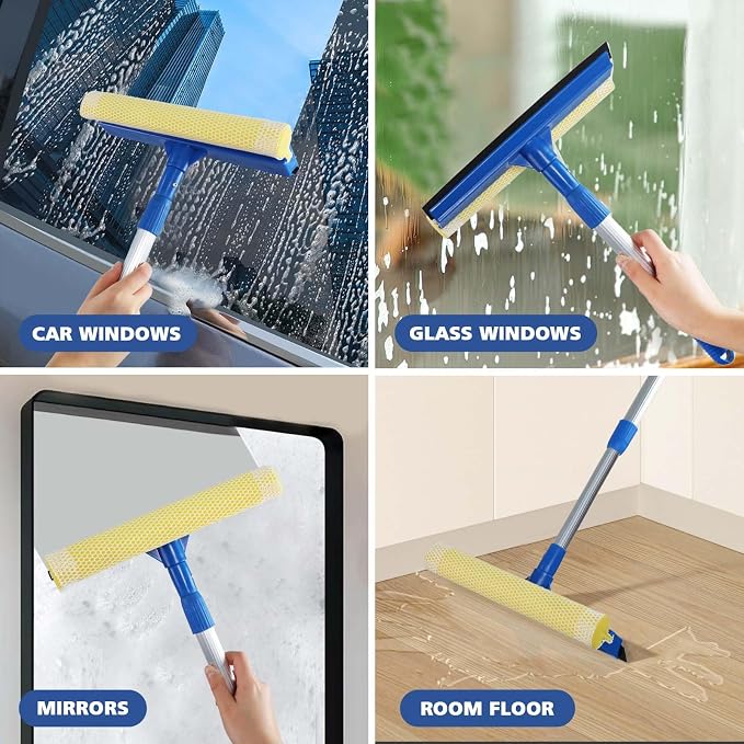 Professional Window Squeegee,2 in 1 Squeegee Window Cleaner with Long Stainless Steel Handle,Sponge Car Window Squeegee for Gas Station, Glass,Shower,Outdoor High Window Cleaning (Expansion Payment)