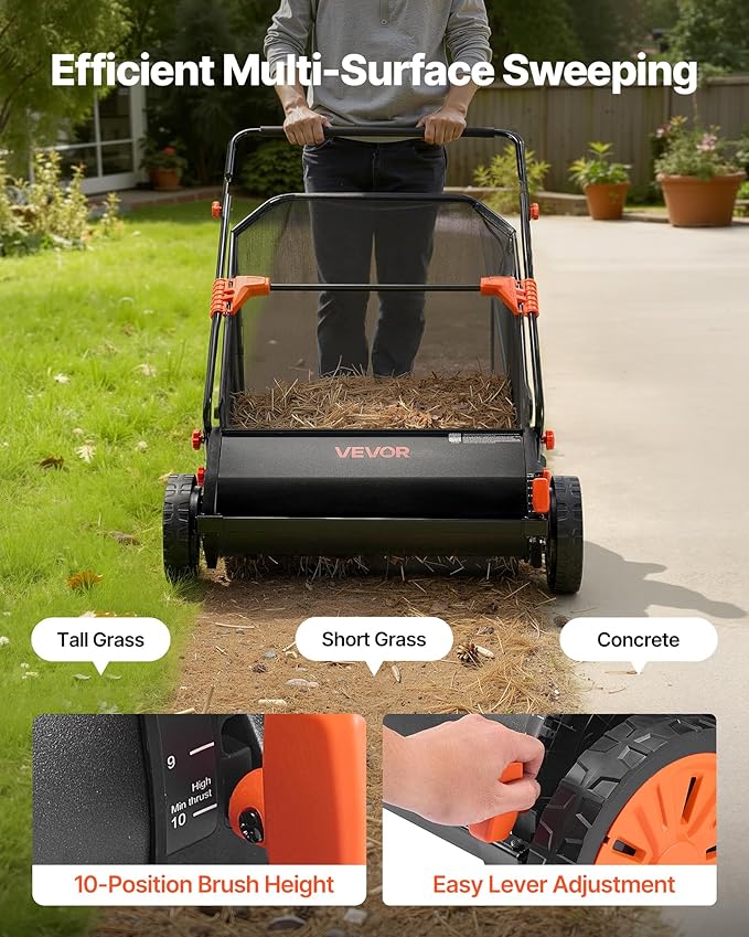VEVOR Push Lawn Sweeper 30 in Leaf & Grass Collector 12 cu. ft. Hopper Bag | 10-Level Height Adjustable V-Shaped Brushes, Heavy Duty Yard Sweeper for Leaves, Grass Clippings & Pine Needles