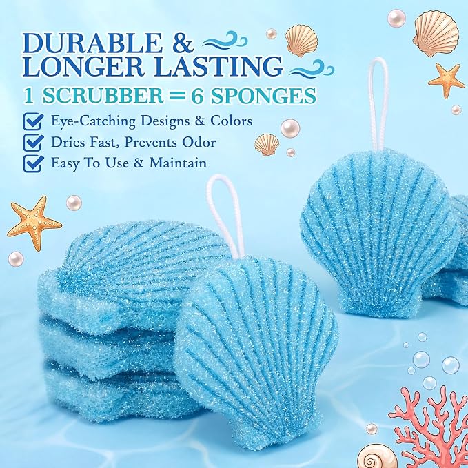 12 Pcs Shell Sponge Dish Scrubber Dual Sided Non Scratch Dish Washing Scrubbers Reusable Household Cleaning Kitchen Tools for Dishwashing Washing Dishes Cookware Tubs Sinks