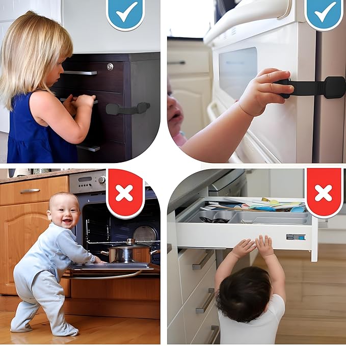 Baby Proof Me Child Safety Cabinet Locks - Baby Proofing Straps & Latches | 12 Pack Adhesive Safety Latches for Cabinets, Drawers, Fridge, Oven, Toilet & Trash Can, Strong 3M Adhesive - Black