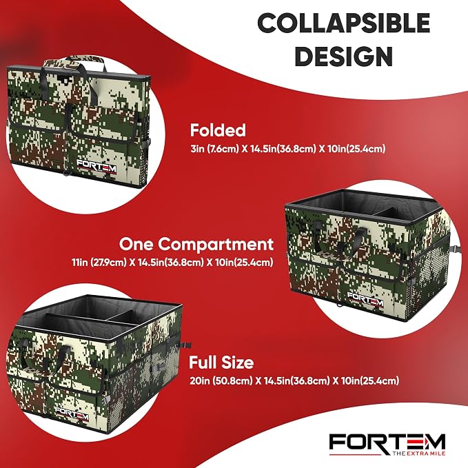 FORTEM Trunk Organizer - Foldable Car Organizer & Storage for SUVs & Trucks | Car Accessories for Men Women, Collapsible Bag, Non Slip Bottom, Straps, Soft Cover, 600D Oxford, 3 Compartments, 65L