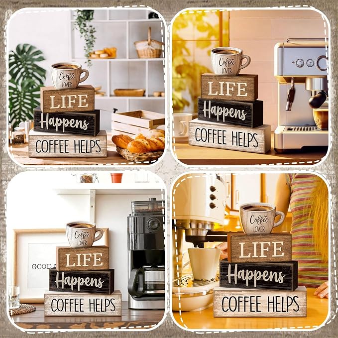 Moucuny 4 Pcs Wooden Coffee Bar Signs Farmhouse Table Decor Blocks | Stackable Rustic Blocks with Quotes, Tiered Tray Accessories, Kitchen Countertop Centerpiece, Home Cafe Corner Decorations