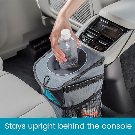 High Road StashAway Heavy Duty Car Trash Can with Rubber Lid | Gray Car Garbage Can with 3 Storage Pockets and Sturdy Panels - Sits Behind the Console or Hangs from the Headrest