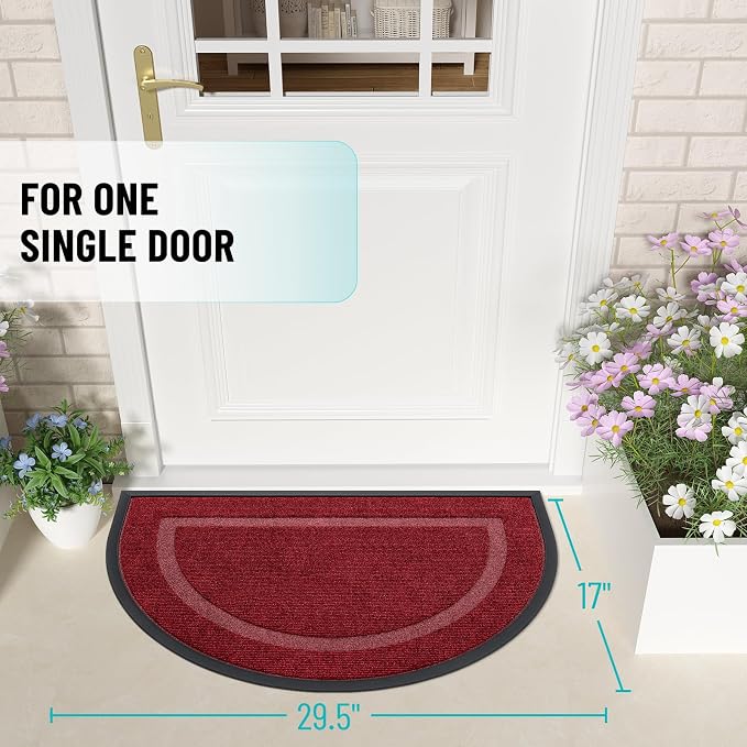 OLANLY Half Circle Front Door Mat Outside 29.5x17 All-Season Rubber Doormat | Wine Red, Absorbent, Heavy-Duty, Stain Fade Resistant, Waterproof Non-Slip Backing, Low-Profile Indoor Outdoor Entryway Mat