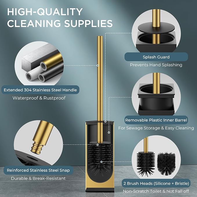 FORIOUS Stainless Steel Toilet Bowl Brush Scrubber and Holder Set Short | Gold, Extended Handle, Removable Inner Bowl, Stable Splash Guard, Steel Joint, Scratch‑Resistant Bristles, for Bathroom RV