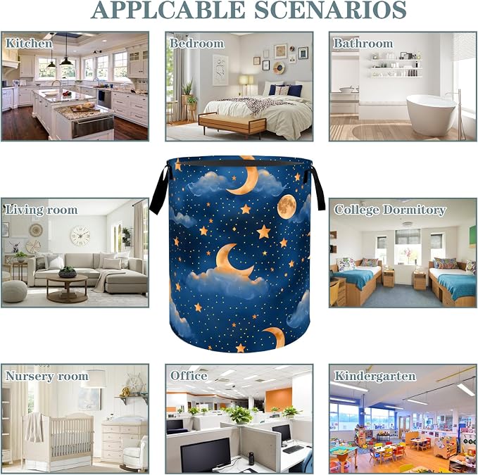 Moon and Star Night Sky Laundry Basket, Dirty Collapsible Clothes Toy Organizer Hamper for Kids Adults, Oxford Cloth Waterproof Storage Bin for Bedroom Bathroom Home Decor Gifts, 19.7"X15.7"