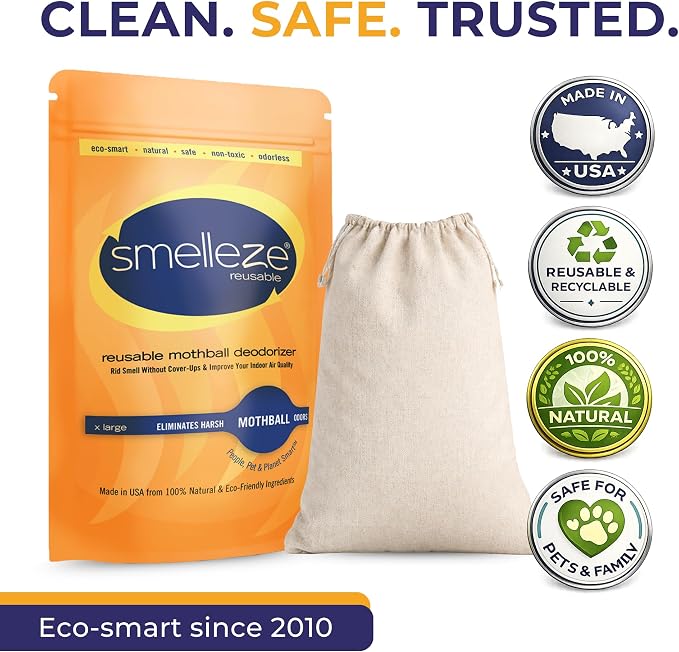SMELLEZE Natural Mothball Smell Remover Pouch - Covers 375 sqft | Reusable Odor Eliminator for Closets, Basements, Furniture & Drawers - Eco-Friendly Formula - Unscented & Safe