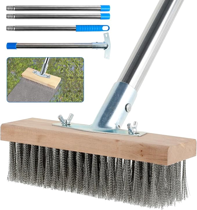 Stainless Steel Deck Scrub Brush with Detachable Long Handle Poles | Adjustable Wire Broom with 4 Detachable Pole Sections, Heavy Duty Metal Wire Floor Scrubber for Garden Cleaning