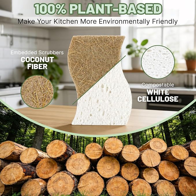 16 Pack Biodegradable Kitchen Dish Sponges, Natural Plant-Based Coconut Fiber and Compostable Cellulose Sponge, Non-Scratch Heavy Duty Sponges for Non-Stick Cookware, Kitchen Household Cleaning