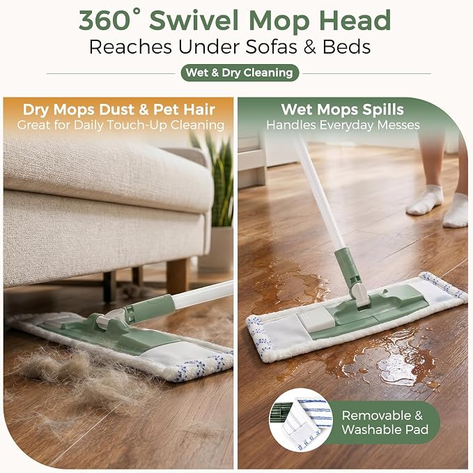 DEANIC 4-in-1 Mop Broom Brush with Holder Wall Mount Set | Floor Cleaning Tool Set with Extendable Handle (43 in to 49 in) ,Triangle Scrub Brush for Home Kitchen Bathroom Hardwood