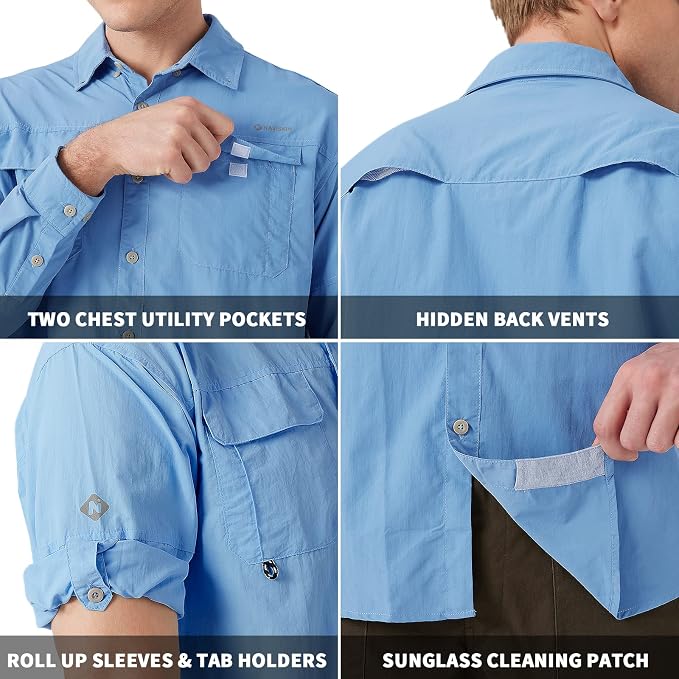 NAVISKIN Men's UPF 50+ Sun Protection Long Sleeve Fishing Shirts | UV Protective, Quick Dry, Vented Back, Utility Pockets, Roll Up Sleeves, Lightweight PFG Shirts For Hiking Camping Safari