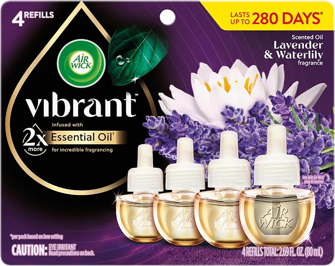 Air Wick Plug-In Scented Oil Refills, 4 Count, Lavender & Waterlily, Air Freshener, Essential Oils