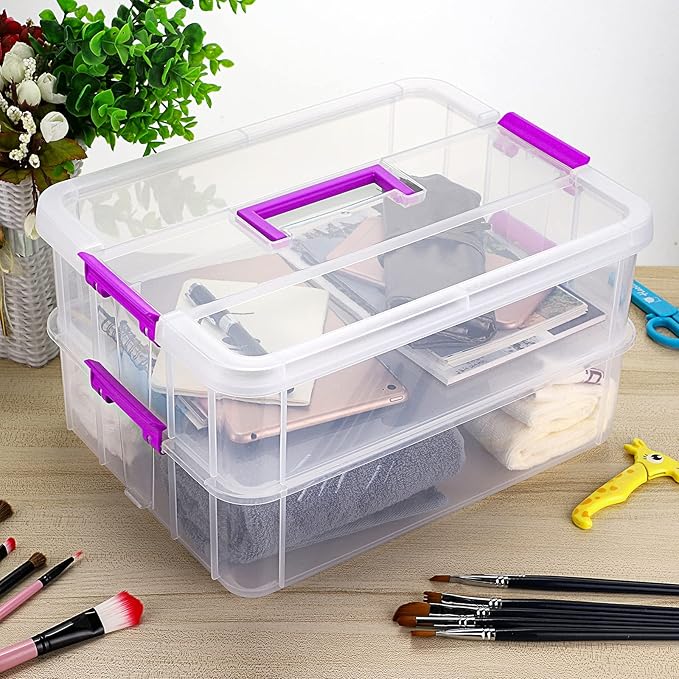 BTSKY 2 Layer Stack & Carry Box, Plastic Storage Container Box with Lid | Multipurpose Craft Organizers and Storage for Organizing Stationery, Sewing, Art Craft, Jewelry & Beauty Supplies, Purple