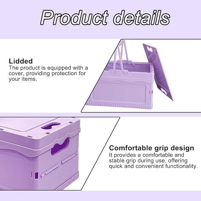 Foldable Small Plastic Baskets with Lids and Handles for Organizing,Collapsible Storage Crates, Stackable Bins for Home Kitchen Bedroom Bathroom Office (Purple, 12 * 8 * 7)