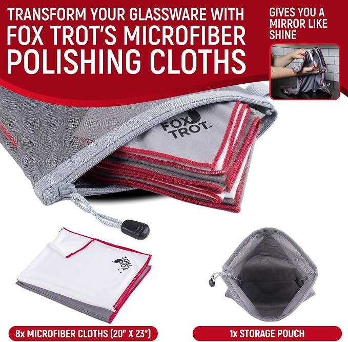 Fox Trot Wine Glass Polishing Cloths, 8 Pack, Storage Pouch Included | Microfiber, Streak free, 23 x 20 in, for stemware, crystal and glassware