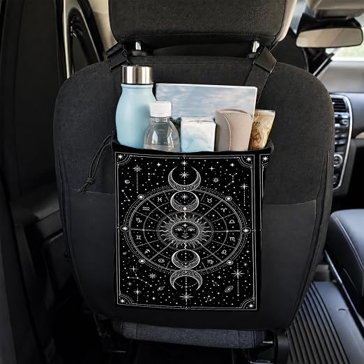 Mystical Witchy Astrology Car Trash Bag Hanging for Back Seat | Boho Sun and Moon Celestial Canvas Drawstring Car Garbage Bag with Adjustable Buckle Vehicle Trash Can