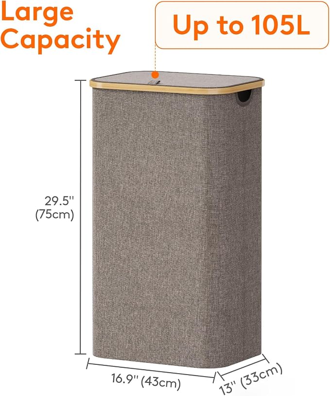 Lifewit 105L Laundry Basket with Lid, Clothes Hampers for Laundry with Handles and A Removable Bag, Large Foldable Laundry Hamper for Bedroom, Bathroom, Dorm, Laundry Room, Brown