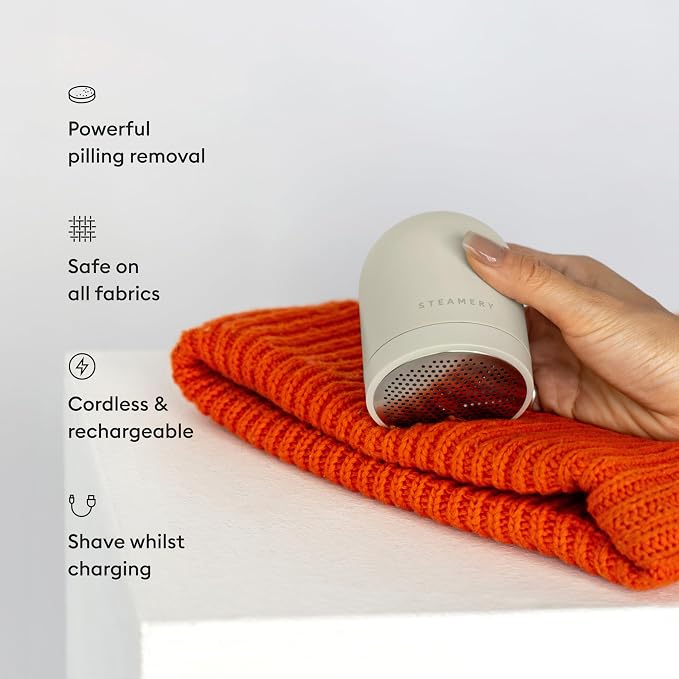Steamery Pilo Icon Fabric Shaver for Clothes, Rechargeable Lint Remover & Sweater Shaver with USB-C, Replaceable Battery, Dual Mesh Covers, Large Shaving Surface, Scandinavian Design (Beige)