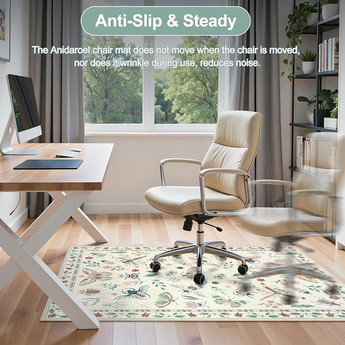 Anidaroel 36"x48" Home Office Chair Mat for Hardwood Floor, Beige Under Desk Rug for Rolling Chairs, Anti-Slip Insect Print Desk Floor Mat for Offices Chair, Low Pile Office Rugs for Rolling Chairs