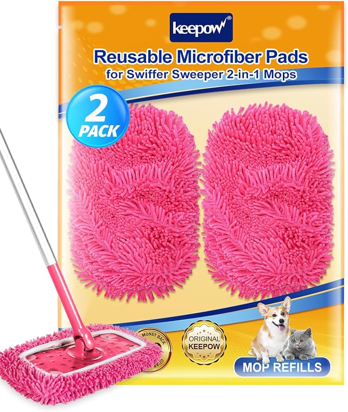 Reusable Microfiber Mop Pads Compatible with Swiffer Pink Sweeper | 2 Pack Pink Dry Sweeping Cloths & Wet Mopping Cloths - Washable Wet Pads Refill for Mopping Floors (Mop is not Included)