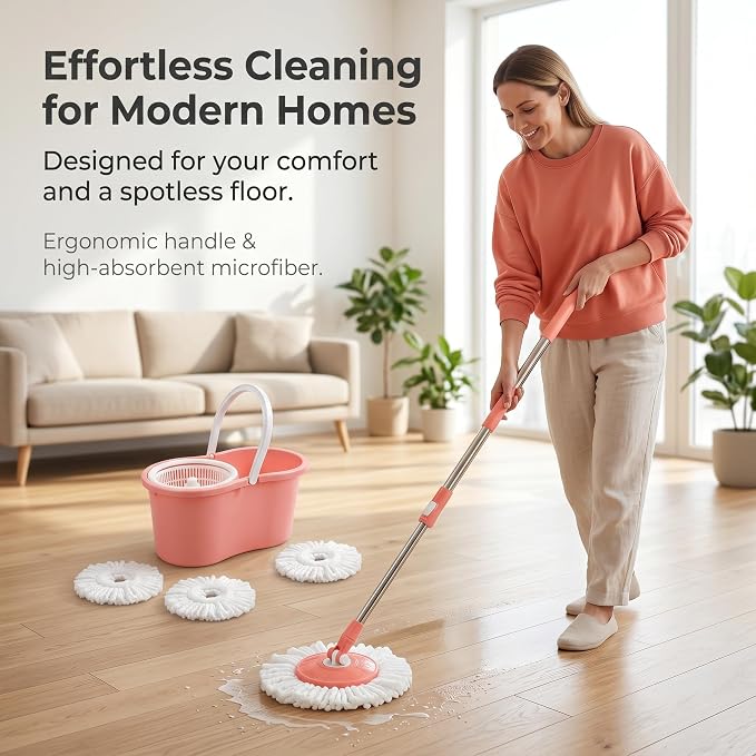 Pink Spin Mop and Bucket with Wringer Set 360 Rotating Mop 3 Mop Refills