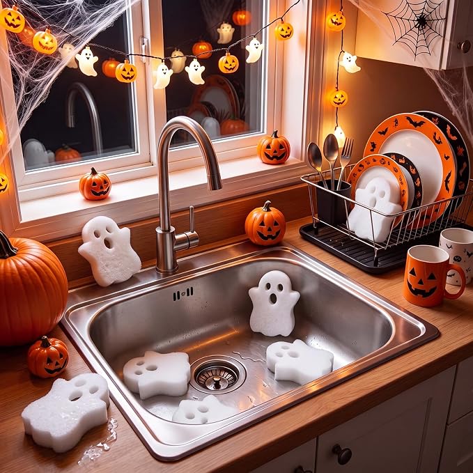 Tioncy 12 Pack Halloween Skull Kitchen Sponges, White | Dual Sided Scrubber, Cute Halloween Decor, Reusable Non Scratch Dishwashing, for Cookware Pot Boiler Pan Household