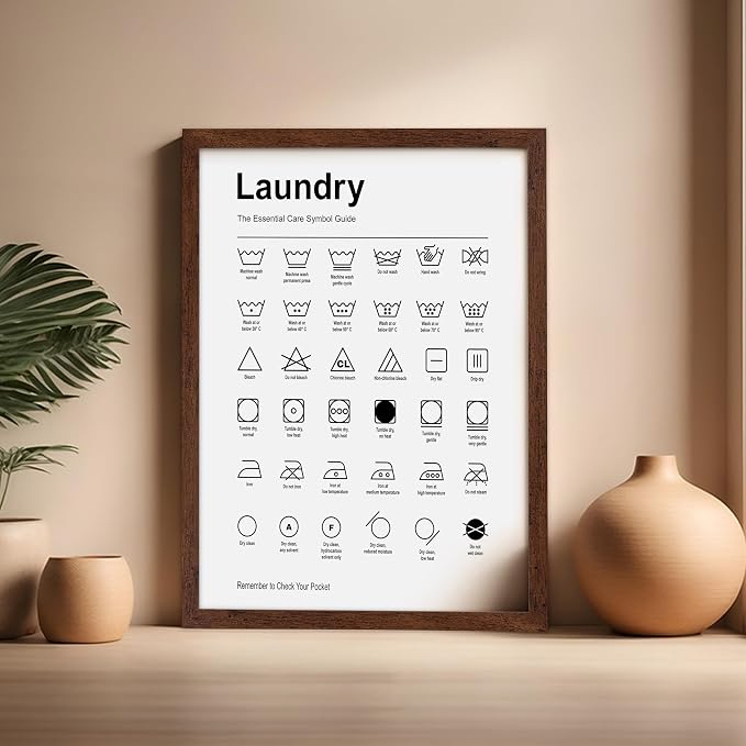 Poster Master 2-Piece Essential Guide for Laundry Print - Stain Removal Poster - Infographic Art - Black & White Design - Symbols & Instructions Art - Laundry Room Decor - 16x20 Brown Framed