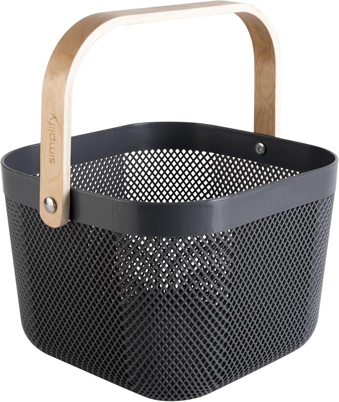 Simplify Small Mesh Storage Basket with Wooden Handle | CHARCOAL Color | Plastic Organizer Bin | Pantry Organization | Cabinet Storage