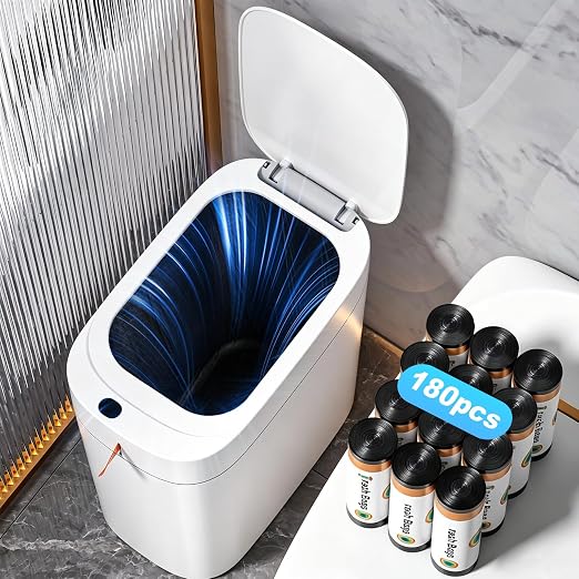 MOPUP Bathroom Trash Can,Includes 180 Drawstring Trash Bags. | Automatic Bagging Garbage Can, 3.5 Gallon Slim Smart Small Plastic Trash Bin, Motion Sensor Trash Can for Office, White